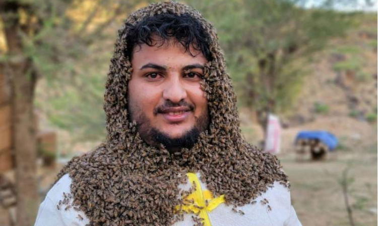 يمني يجمع 15 ألف نحلة على جسده