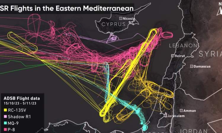 خريطة مثيرة تظهر تحرك طيران التجسس الأمريكي منذ بداية طوفان الاقصى